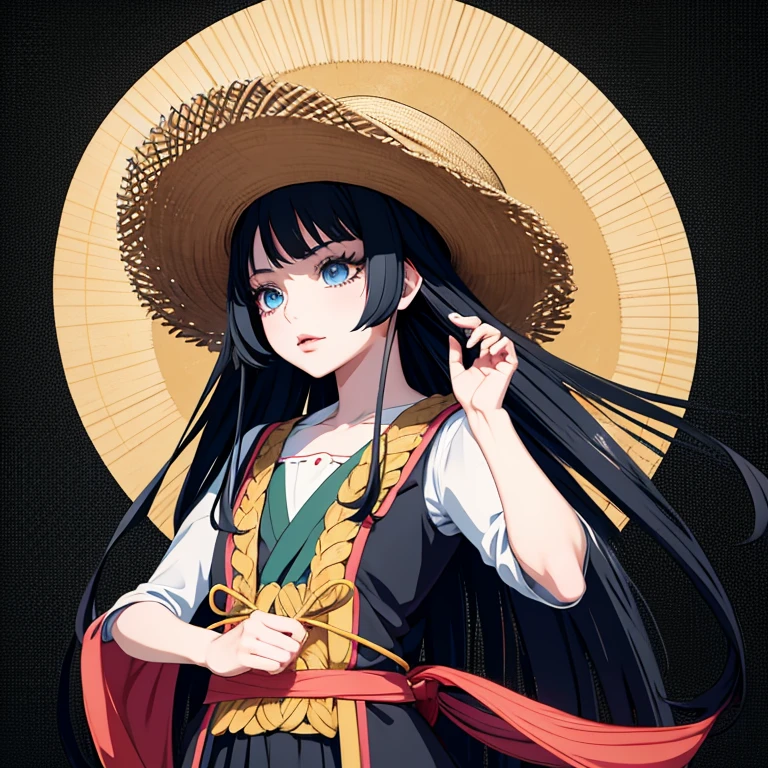 Anime girl with long black hair wearing a straw hat, 4K anime style, Beautiful anime picture, Anime mo art style, Anime art wallpaper 4k, Anime art wallpaper 4k, High quality anime art style, Anime style image, Strong, artwork in the style of Strong, Detailed digital animation art, Anime art wallpaper 8k, Pictures of cute anime girls