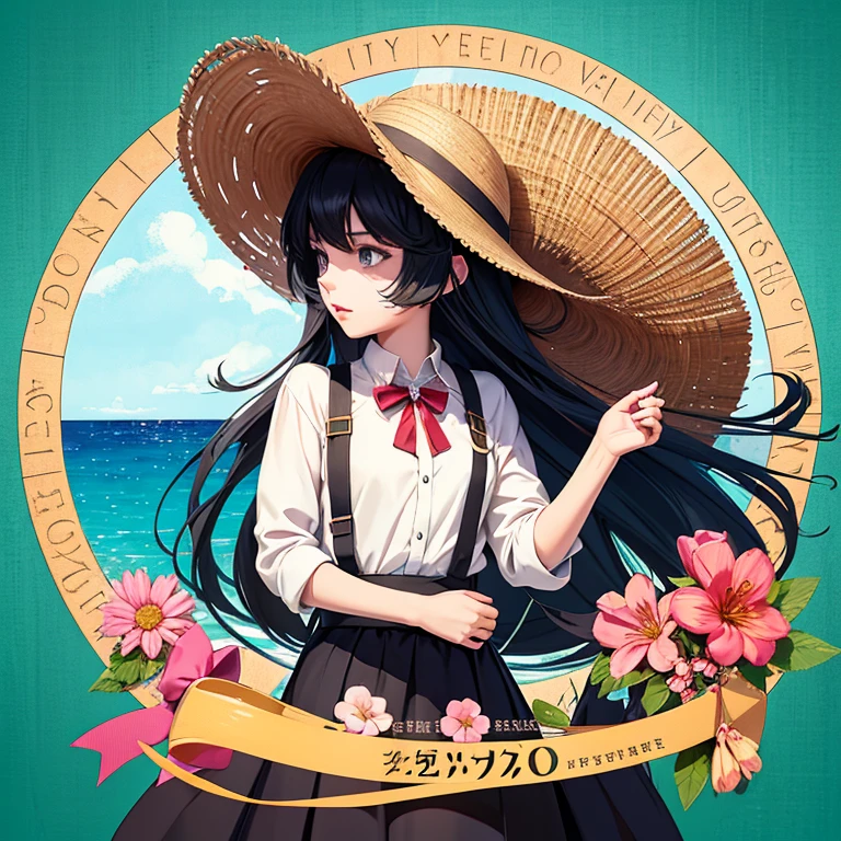 Anime girl with long black hair wearing a straw hat, 4K anime style, Beautiful anime picture, Anime mo art style, Anime art wallpaper 4k, Anime art wallpaper 4k, High quality anime art style, Anime style image, Strong, artwork in the style of Strong, Detailed digital animation art, Anime art wallpaper 8k, Pictures of cute anime girls
