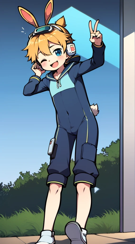 2D Boy Shota，One-piece mountaineering suit，Slim, healthy body，Put the headphones on your head，stand up，goggles，Rabbit ears，happy，sailor collar，v