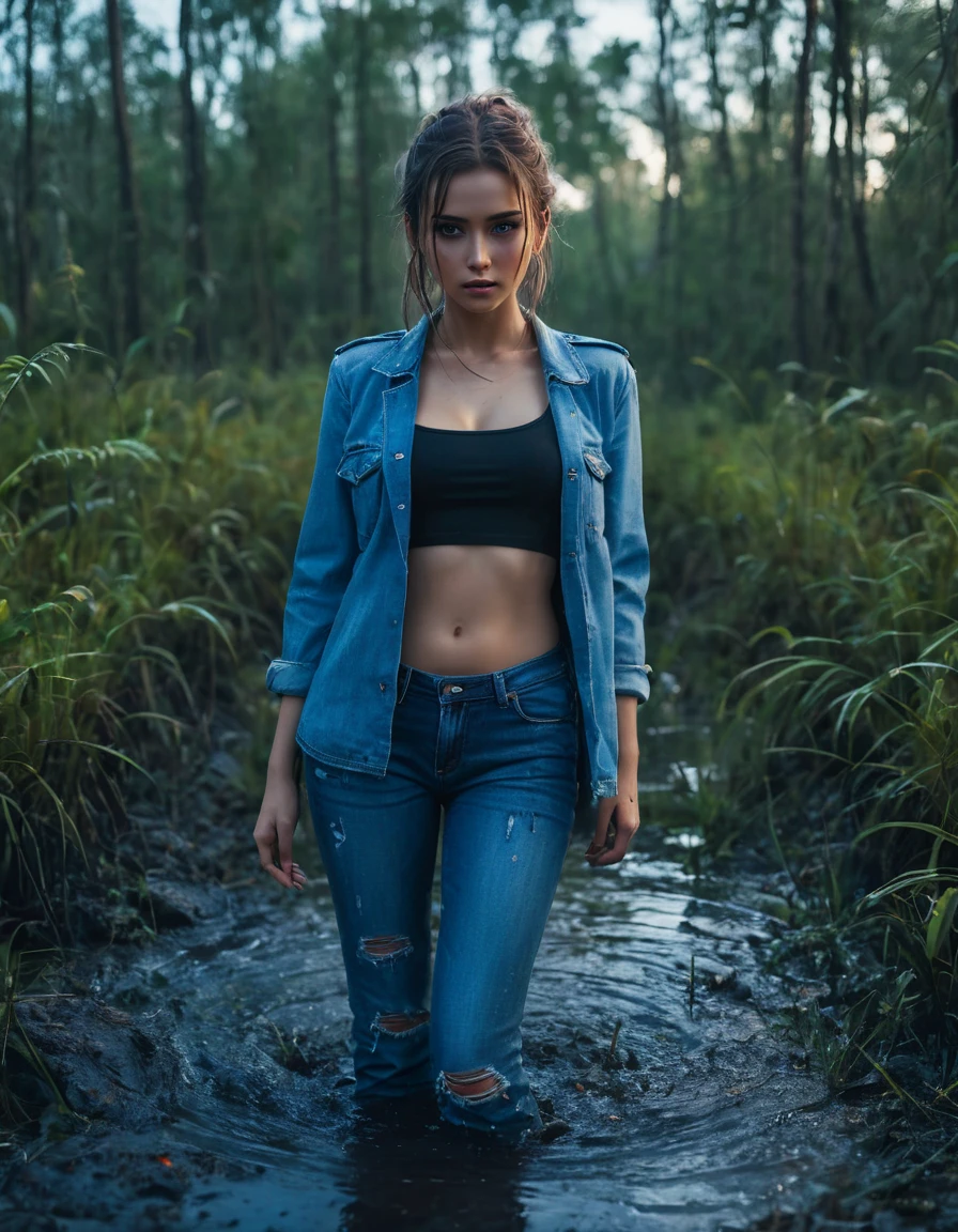 90s setting,vicious soaking wet girl,Jeans,drown in a dirty bog hole,Attention-grabbing,stylish,memorable,Sensation,(best quality,4k,8k,highres,masterpiece:1.2),ultra-detailed,realistic:1.37,HDR,UHD,studio lighting,ultra-fine painting,sharp focus,physically-based rendering,extreme detail description,professional,vivid colors,bokeh,portraits,landscape,horror,anime,sci-fi,photography,concept artists,blue-toned lighting