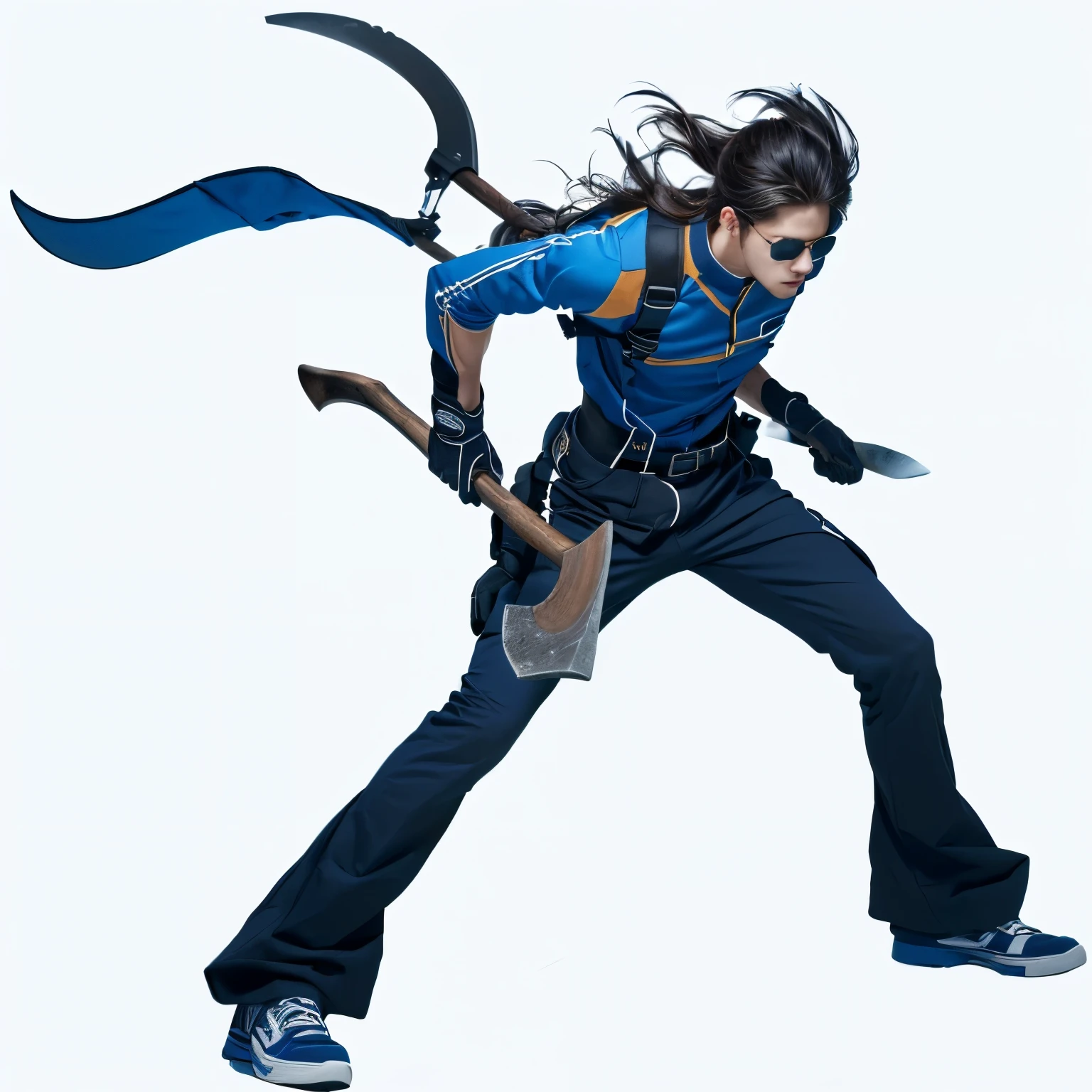 masterpiece, best quality, (Extremely detailed CG unified 8k wallpaper), (best quality), (Best Illustration), (best shadow), Ridiculous, Realistic lighting, (abyss), Beautiful and detailed light, Petermore's artwork,Blue clothes,black pants,Blue gloves,holding an ax,Cool boy。