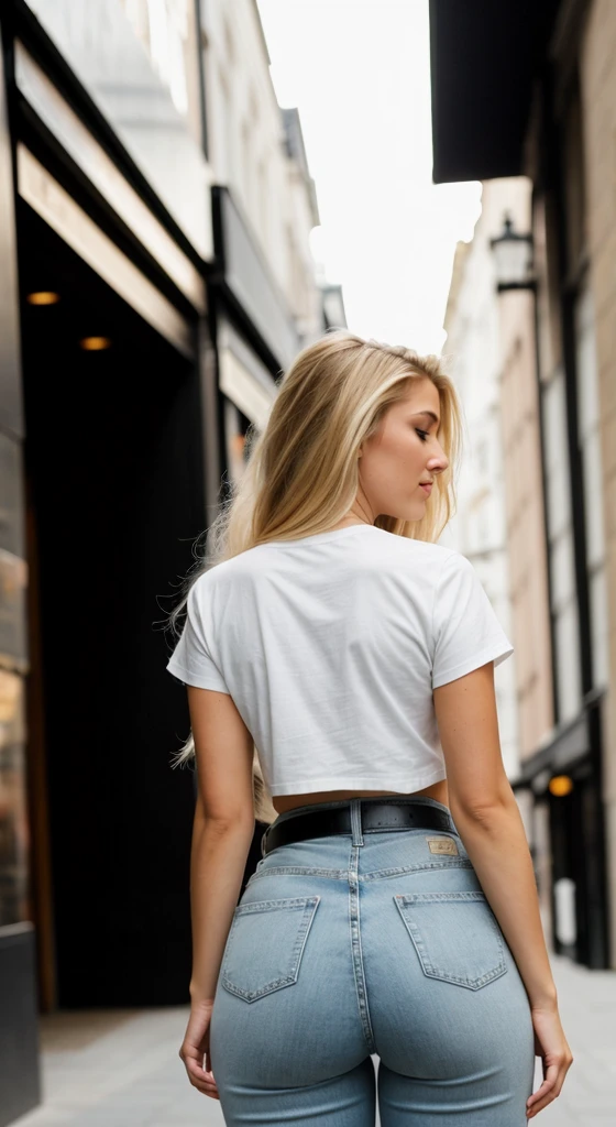 A 23 year old blonde woman, ((big breasts)), ((hyperrealism)) ,. Blonde hair with light brown roots. blonde hair, Hair with brown roots, extra long hair, very long hair, very long hair, very long hair, very long hair, very long hair, very long hair, beautiful, back view, take a photo, Photo taken, full body, in wearing a white t-shirt, and jeans stylish belt, showing her ass, first-rate ass, perfect ass, shows her ass, with her back to the camera showing her ass, with a low-cut top, photo at the street of London, high quality, Nikon D850 film stock photograph Kodak Portra 400 camera f1.6 lens, full body, sexy body, sexy body.