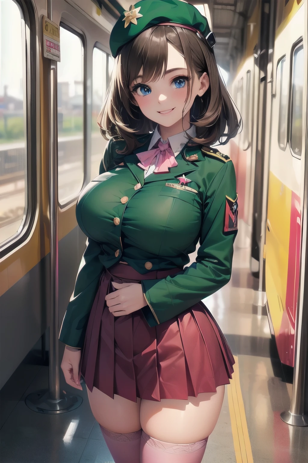 very cute and beautiful girl,,(highly detailed beautiful face and eyes:1.2), (Blue eyes), (brown medium hair), (((standing straight looking at the camera))), ((big breasts)), ((big smile)), (((pleated red mini skirt))), (((pink stockings))), (((green beret))) , (best quality masterpiece:1.2),intricate details,solo,8k resolution,natural lighting,extremely detailed cg, (train terminal background)
