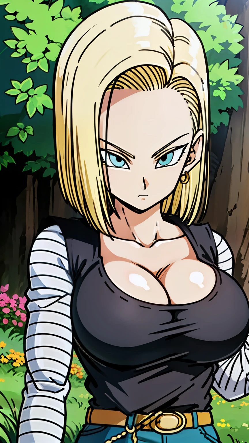 masterpiece, detailed face, 
android 18,  buu saga, , 1girl, solo, looking at viewer, short hair, blue eyes, blonde hair, collarbone, 
field, trees,((huge tits:1.2)),cleavage, forest, upper body, lying on field, hovering, 
midair, 
black shirt, long sleeves, striped sleeves, hoop earrings, shoes, orange socks, belt, high waist pants,( embarrassed :1.3)