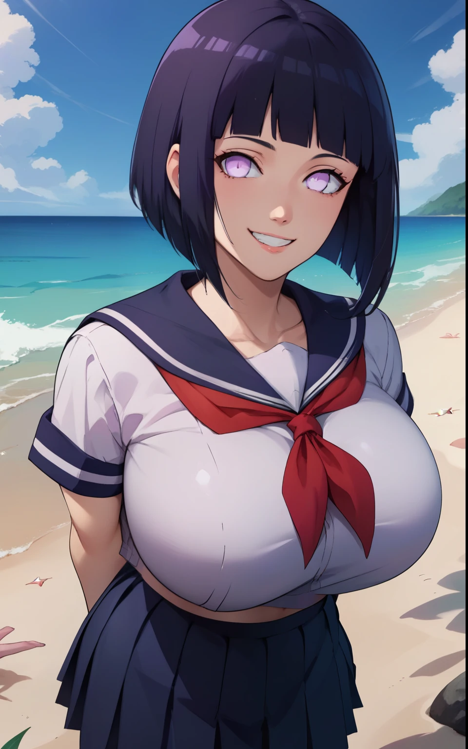 score_9, score_8_up, score_7_up, score_9,  BREAK  hinataSDXL, 1girl, solo, breasts, looking at viewer, smile, short hair, bangs, skirt, shirt, , purple eyes, white shirt, black hair, short sleeves, pleated skirt, serafuku, blunt bangs, sailor collar, huge breasts, neckerchief, ocean, beach, arms behind back, bob cut, red neckerchief, alternate breast size, bursting breasts, bra visible through clothes, hyuuga hinata