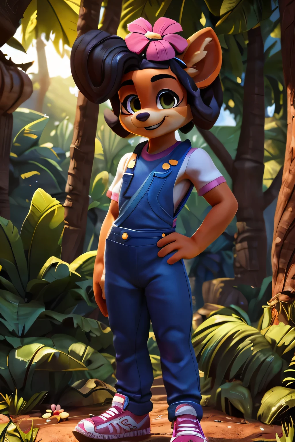 [Coco bandicoot], [carregado para e621.liquid; (Pixelsketcher), (wamudraws)], ((obra de arte)), ((alta qualidade)), ((High definition)), ((retrato solo)), ((corpo todo)), ((peludo; antropo)), ((pele detalhada)), ((sombreamento detalhado)), ((Bela arte renderizada em 3D)), ((vista frontal)), ((shoes visible)), ((detalhes intrincados)), {antropo; pelo laranja, nariz preto, (Lindos olhos verdes), (sombra rosa), (sorriso animado), (boca aberta), cabelo loiro cacheado, rabo de cavalo encaracolado}, {(camisa branca), (peitos pequenos), (blue denim jumpsuit), (tight pants), (pink sneakers), (glasses on head), (pink flower on head)}, {(standing), (hands on hips), (pink laptop in hand)}, [fundo; (floresta tropical), (tree stump), (raios solares)] 