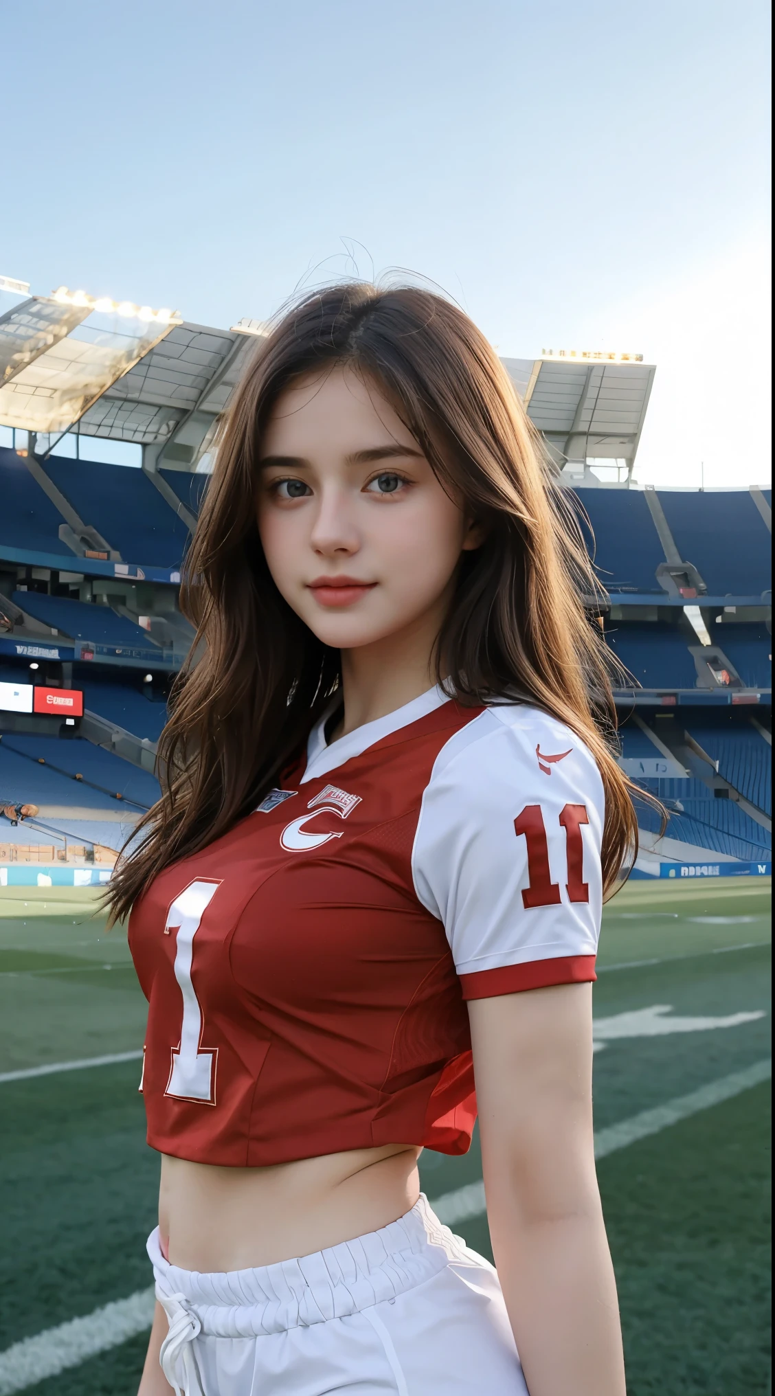 Gorgeus Girl, Beautiful, Baby Face, 20 Years Old, White Skin, Sexy Pose, red shirt jersey, Blue Eye, Bokeh, football stadium Background, Masterpiece, Fullbody Shot,