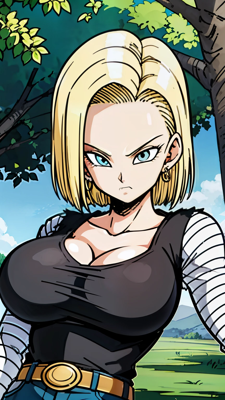 masterpiece, detailed face, 
android 18,  buu saga, , 1girl, solo, looking at viewer, short hair, blue eyes, blonde hair, collarbone, 
field, trees,((huge tits:1.2)),cleavage, forest, upper body, lying on field, hovering, 
midair, 
black shirt, long sleeves, striped sleeves, hoop earrings, shoes, orange socks, belt, high waist pants,( embarrassed :1.3)