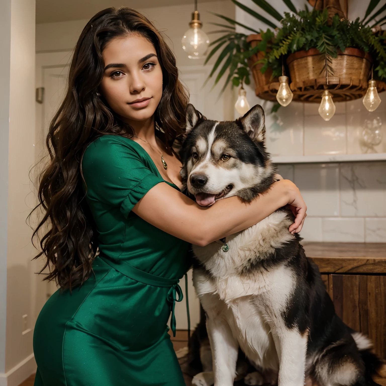 23-year-old Latin woman, brunette skinned hair in waves and a green dress hugging an Alaskan malamute dog