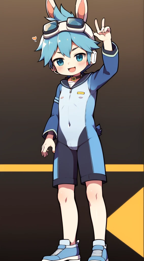 2D Boy Shota，One-piece mountaineering suit，Slim, healthy body，Put the headphones on your head，stand up，goggles，Rabbit ears，happy，sailor collar，v