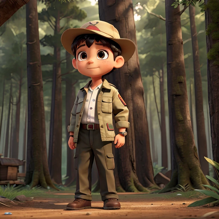 A -yeld boxploring a dense forest, the boy, named Lucas, came across an imposing jaguar, the boy wears a long-sleeved shirt, hat and military-style pants