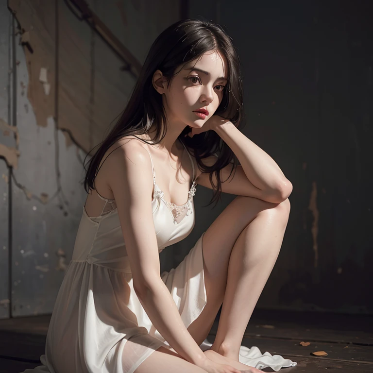 adult girl sitting on the ground in the void, white silk dress, sad, depressed, anxious, dark, moss, drops, low key lighting, rays, realistic light, darkness, detailed, realism, oil paints, ((by ben templesmith | nicola samori | peter paul rubens)) one young girl. a slim body. rectangular shaped face. peach skin color. the eyes are almond-shaped, close-set, brown. the lips are