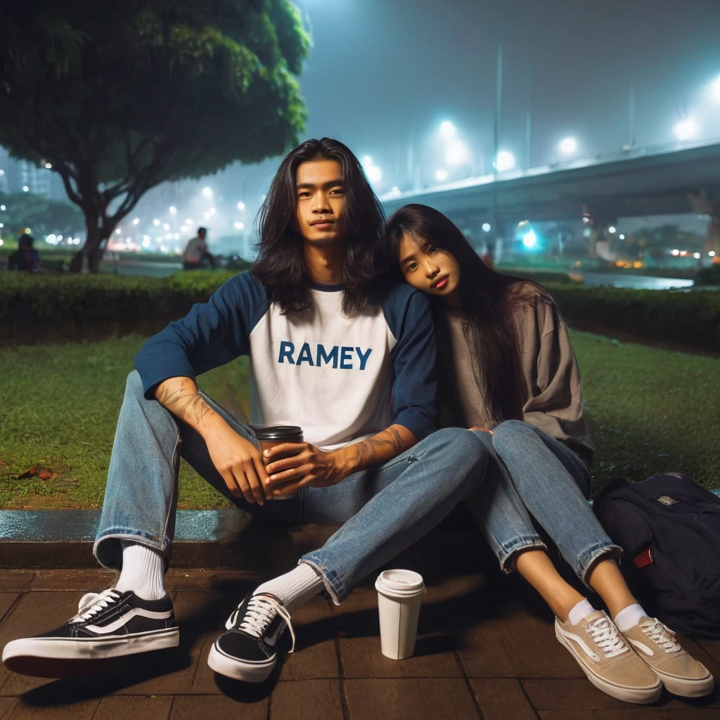 full HD 8K high resolution, no defects detailed, full body photo of a 24 year old Indonesian man with long straight hair, wearing a raglan t-shirt that says "RAMEY" and blue jeans, Vans shoes, sitting with a 20 year old Indonesian woman, while relaxing and drinking coffee, background of parks and trees near the edge of the Indonesian highway, night and drizzle in Jakarta, Indonesia