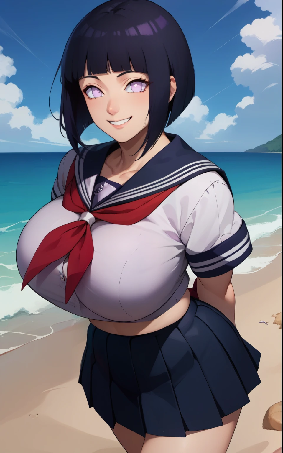 score_9, score_8_up, score_7_up, score_9, BREAK hinataSDXL, 1girl, solo, breasts, looking at viewer, smile, short hair, bangs, skirt, shirt, , purple eyes, white shirt, black hair, short sleeves, pleated skirt, serafuku, blunt bangs, sailor collar, huge breasts, neckerchief, ocean, beach, arms behind back, bob cut, red neckerchief, alternate breast size, bursting breasts, bra visible through clothes, hyuuga hinata
