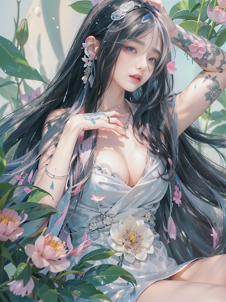 ((single, 1 girl, , tattoos, shiny eyes, white fluffy), (full length), (sexy topless), (black transparent dress), (sexy, erotic, spread your legs))_((tender scarlet lips), (straight black hair - long, blue, cascading), (multicolored shiny hair), (cool shine, Wet straight hair))_((simple color palettes), (pastel colors, kawaii, Cute colors, clean)) _((sexy, erotic), (nsfw), (simple, minimal accessories), (Necklaces and thin rings made of silver or gold.), (simple bracelets, distinctive design, simple silhouettes), (simple and erotic style))_ ((BACKGROUND), (abstraction-minimalism), (fresh, color fill, wide stroke), (stunning flowers), (lilies, skulls, extremely unusual, long stems - large stems)).