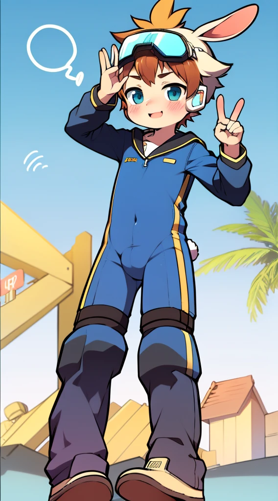 2D Boy Shota,One-piece mountaineering suit,Slim, healthy body,Put the headphones on your head,stand up,goggles,Rabbit ears,happy,sailor collar,v,blush
