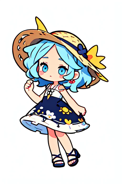 a wearing flowered dress, straw hat, sticker, cute 2d, chibi, fantasy, dreamy, vector illustration, 2d flat, centered, by Tim Burton, professional, elegant, modern, minimalist, graphic, line art, stroke graphics