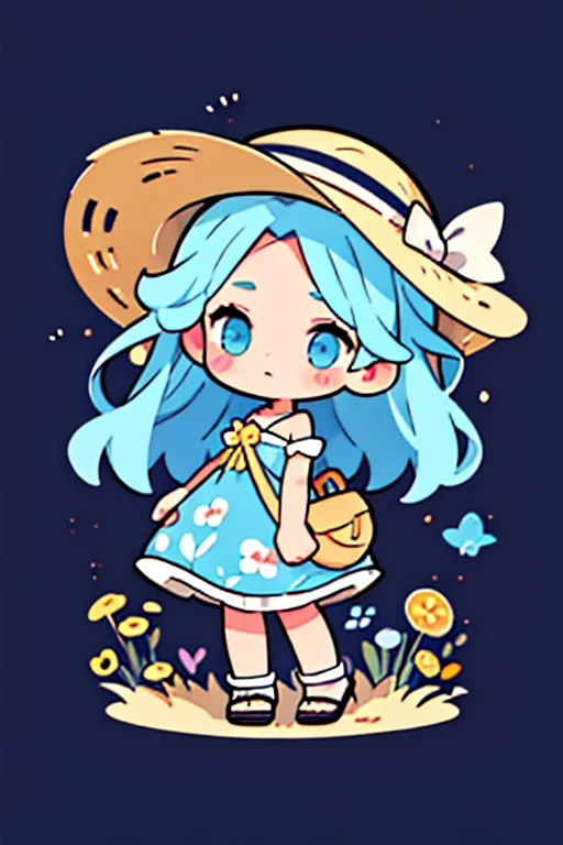 a wearing flowered dress, straw hat, sticker, cute 2d, chibi, fantasy, dreamy, vector illustration, 2d flat, centered, by Tim Burton, professional, elegant, modern, minimalist, graphic, line art, stroke graphics