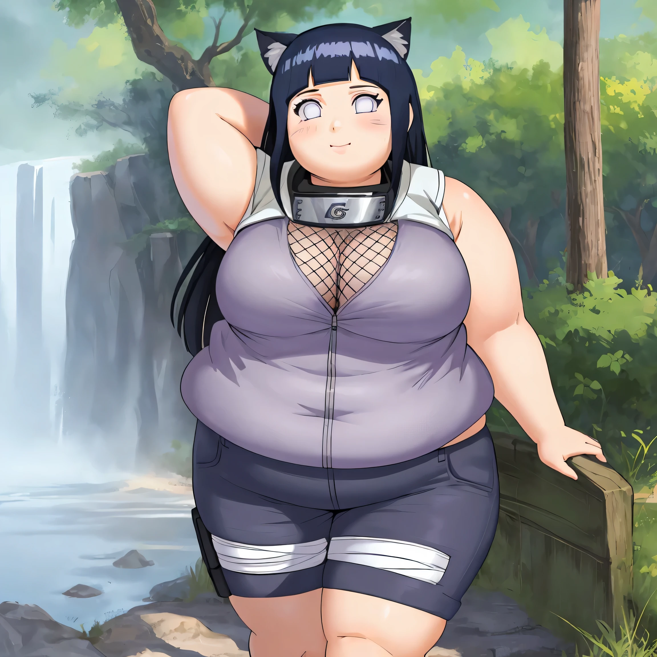 Masterpiece, 4k, highres, high Quality, detailed face, detailed body render, detalhed eyes, 1girl, solo, chubby hyuuga hinata, hinata-sleeveless-outfit, large breasts, neko ears in head, big breast, sleeveless shirt, fishnet top, thick thighs, fat arms, big butt, big cheeks, cute and fat face