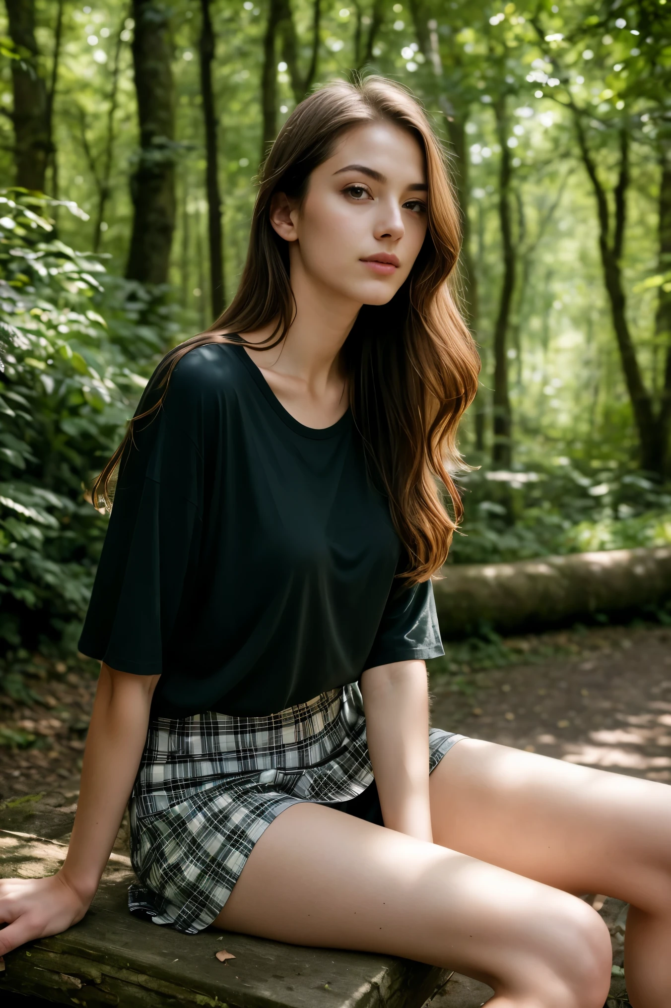 (best quality,ultra-detailed,highres,masterpiece:1.2),vivid colors,professional,photorealistic,portrait,portrait of a sexy and slim 18-year-old French woman,sitting on a bench in the forest,black t-shirt and skirt,beautiful detailed eyes,beautiful detailed lips,visible leg,long eyelashes,subtle smile,confident pose,green and lush surroundings,sunlight filtering through the trees,warm and natural lighting,soft shadows,realistic skin texture,smooth and flowing hair,feminine and elegant,aesthetic composition,subtle blend of colors,atmospheric and dreamlike ambiance