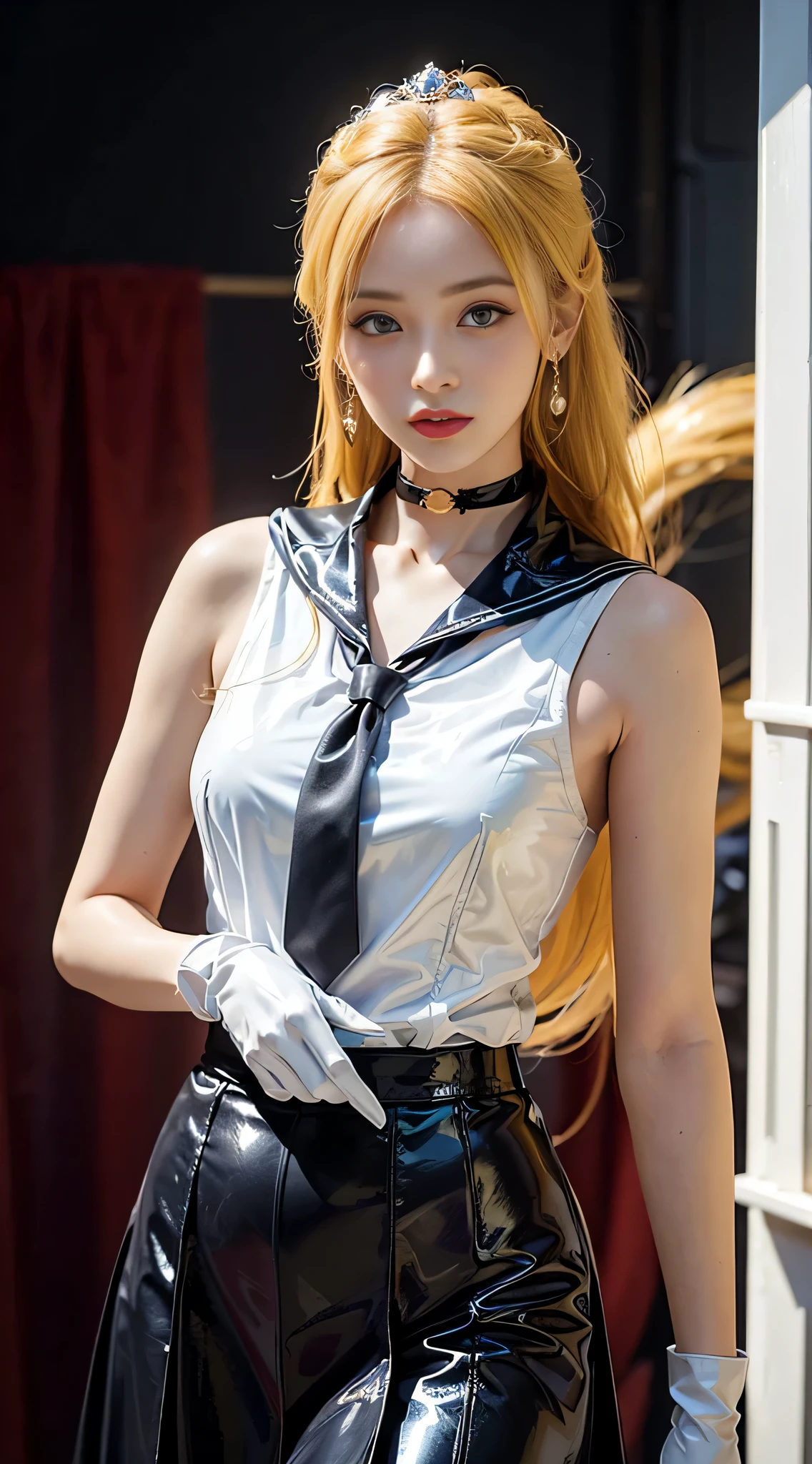 ((masterpiece:1.4)、(Highest quality:1.4)、(Realistic:1.7))、Masterpiece:1.4、(Top-notch rendering:1.4)、beautiful girl、(Beautiful girl Sailor Moon 2:1.7)、MoonWild Rabbit、(Body Fit Sexy Sailor Warrior Uniform:1.4)、(Shiny latex:1.7)、(The jacket is a white sleeveless sailor suit....:1.4)、(Skirt Blue Sexy Ultra Ultra Pleated Mini Skirt:1.4)、The sailor suit collar has two thin blue lines...............:1.2、High leg swimsuit、Red cloth decoration on chest:1.2、(Wearing white gloves)、Cute Girl、Super Beauty、Sharp Focus、Portrait Photography:1.4、8k、Photorealistic images:1.4、(Perfect female body:1.4)、Perfect proportions、(Upper body shot:1.4)、Beautiful Face、Beautiful Eyes、(Narrow waist:1.4)、(9-body proportions beautiful girl:1.4)、(A beautiful girl with long legs and a good figure:1.4)、Beautiful feet:1.2、(Yellow Hair:1.4)、(Long Hair:1.2)、(ponytail:1.2)、Beautiful breasts、Large Breasts:1.2、sexy ass、Raw photo、Red lips、Red high heels:1.4、choker:1.4、necklace:1.4、Earrings:1.4、Gorgeous golden tiara:1.4、1 Screen Display:1.4、moon、universe、spaceship、Universe Station、City of the Future