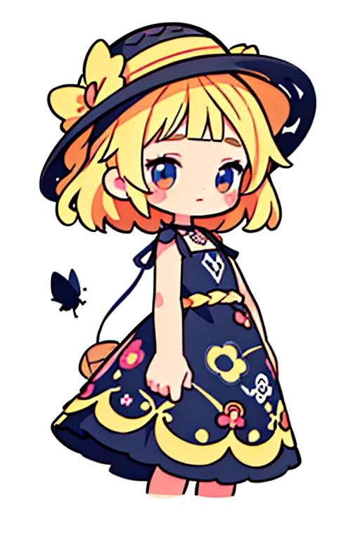 a wearing flowered dress, straw hat, sticker, cute 2d, fantasy, chibi, dreamy, vector illustration, 2d flat, centered, by Tim Burton, professional, elegant, modern, minimalist, graphic, line art, stroke graphics