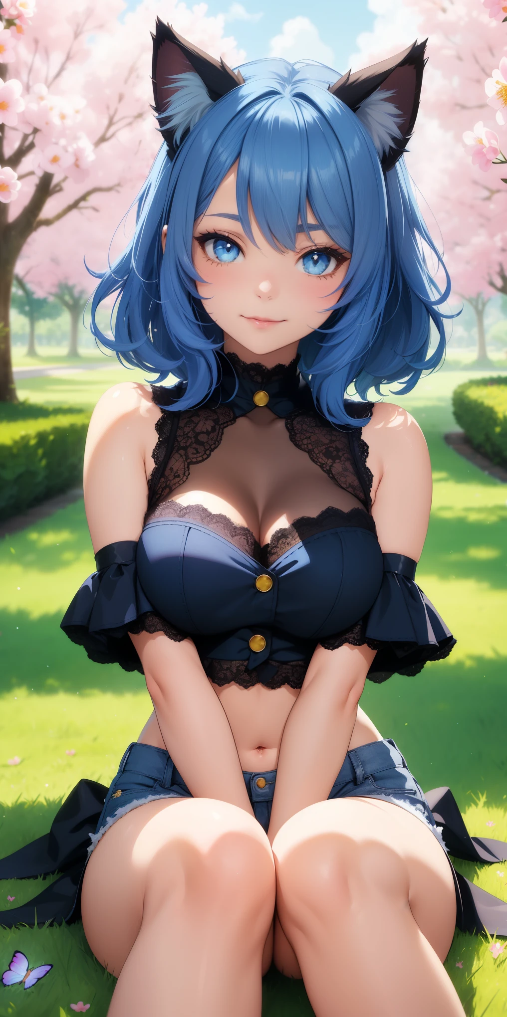 (((1 CatGirl, medium breasts))), ((cat ears)) solo, (((short wavy, blue hair color: 2.3, windblown))), blue eyes, lace crop top, short kawaii jeans and short, short strap, short, lace, looking at the viewer, luxurious, elegant, extremely detailed, pink lips, smiling, shy, feminine charm, blurry, beautiful sky, trees, garden, sitting on the grass, butterfly, beautiful flowers, depth of field, shy pose