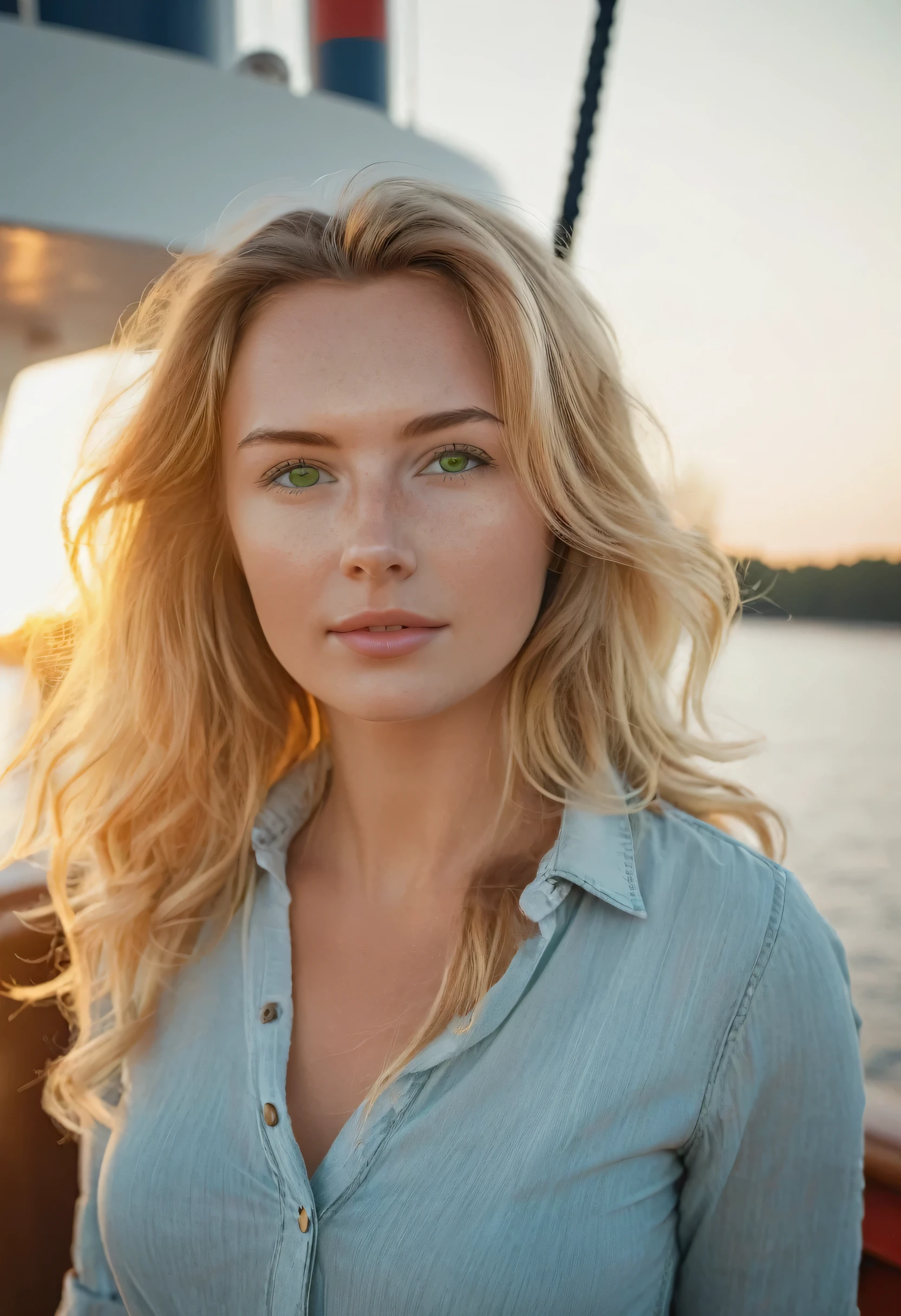 A 22 years old Ukrainian-Sweden lady in casual clothes, dressed in a soft, tight blouse and high-waisted jeans, with sun-kissed loose wavy hair, full lips, hazel eyes, sensual, looking straight into the camera, standing on the ship, early morning casting the soft glow, excluding serenity, photography, DSLR camera with 50 mm lens, f/1.8 aperture for a shallow depth of field