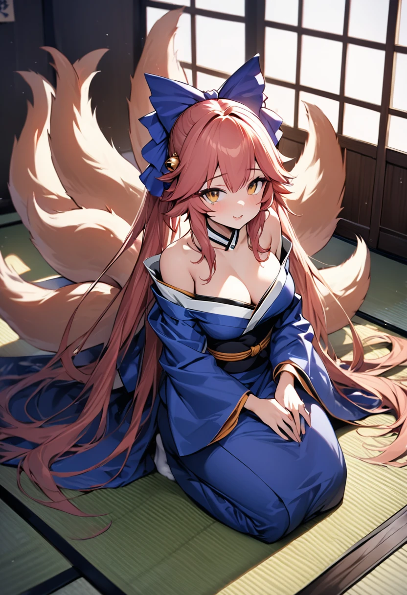 ((masterpiece,highest quality, be familiar with)),
indoors, on the floor, seiza,tatami, look up, From the top diagonally to the left, looking at the viewer, Put your hands on your knees,
tamamo no mae, kimono, tall,blue bow, kimono, very long hair, ((multiple tails)), wide sleeve, off shoulder, hair ornaments, bell