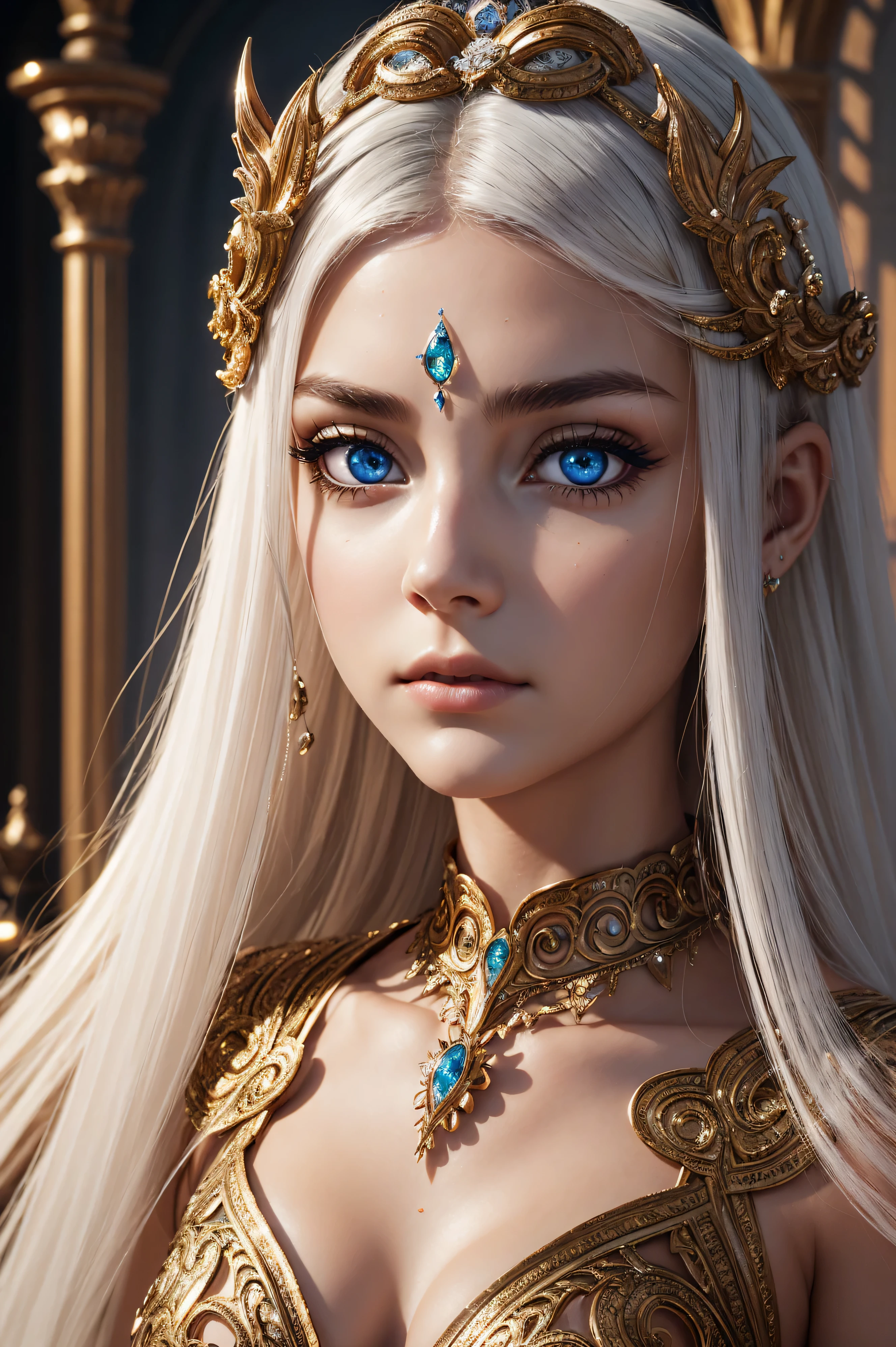 Lower angle, tmasterpiece, hiquality, Enigmatic, Martian Knightly Fashion, egyptian 18 years old, big blue eyes, very very long white hair, slim body, slim hips, highly detailed eyes, poster, Transcendental Charm, enchanted, Knightcore Fashion, Secret atmosphere of the best quality, hiquality, absurdress, Masterpiece, Beautiful, intricate details, 1/2 Body trimming, (intricate details:1.12), HDR, (intricate details, hyper-detailing:1.15), (natural skin textures, hyper realisitc, soft light, Sharp:1.2)