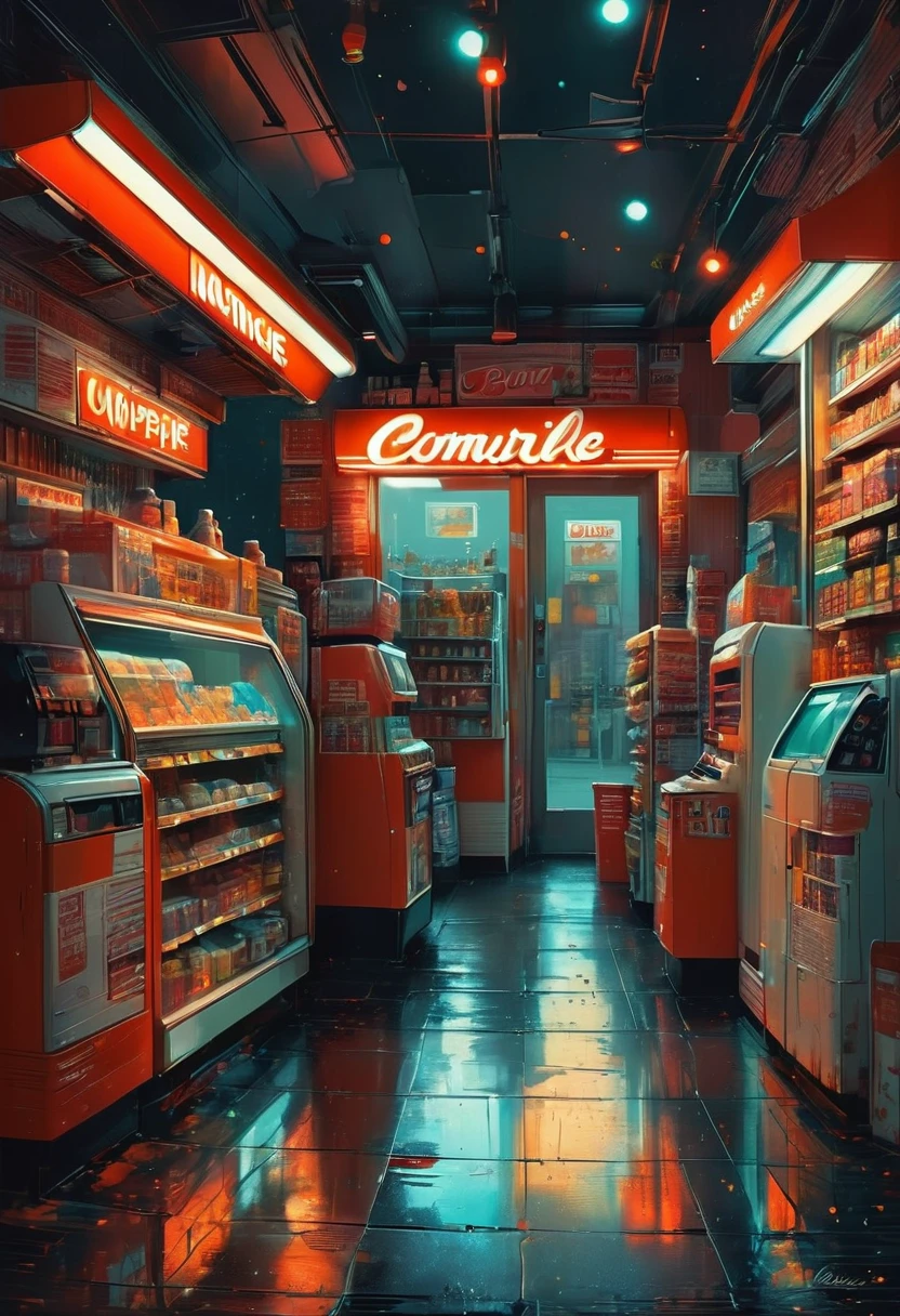 midnight convenience store, best quality, masterpiece, very aesthetic, perfect composition, intricate details, ultra-detailed, by lois van baarle