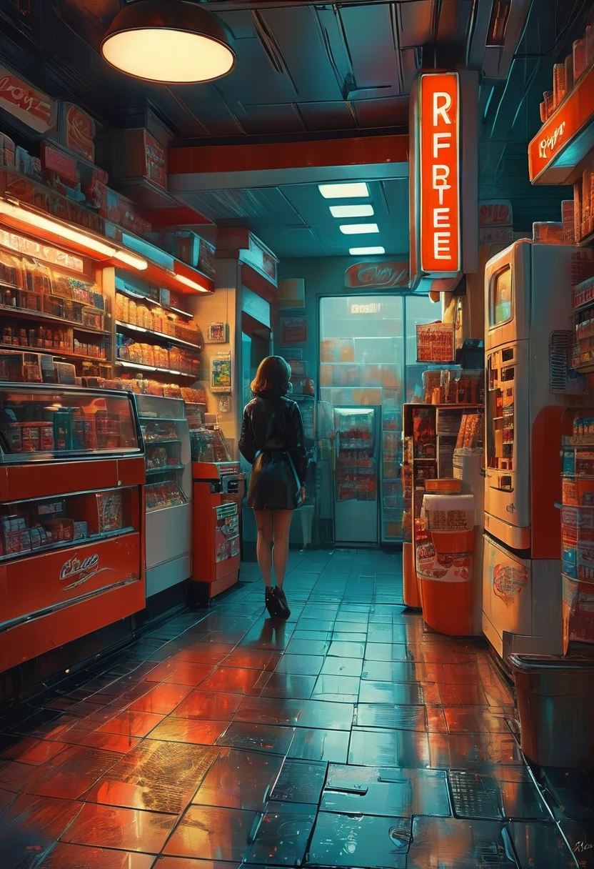 midnight convenience store, best quality, masterpiece, very aesthetic, perfect composition, intricate details, ultra-detailed, by lois van baarle