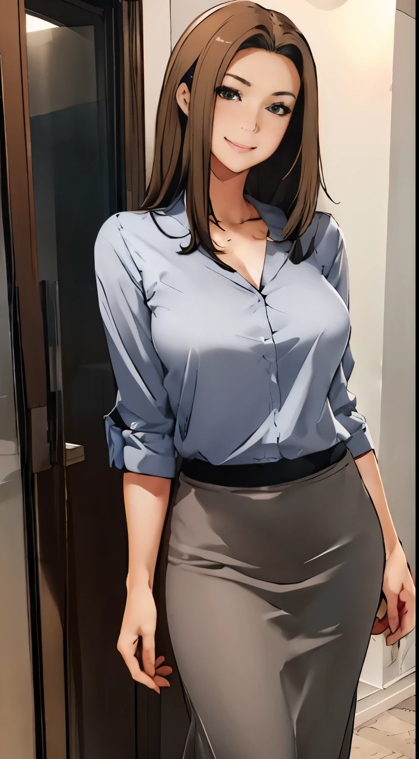 Anime style, Film Portrait Photography, 1woman, a smile, smile, Beautiful Women, full body, Straight hair, Brown hair, Semi-long hair, woman wearing a gray shirt, Woman in business suit, long skirt, business woman, (Natural skin texture Vibrant details, hyper realistic)