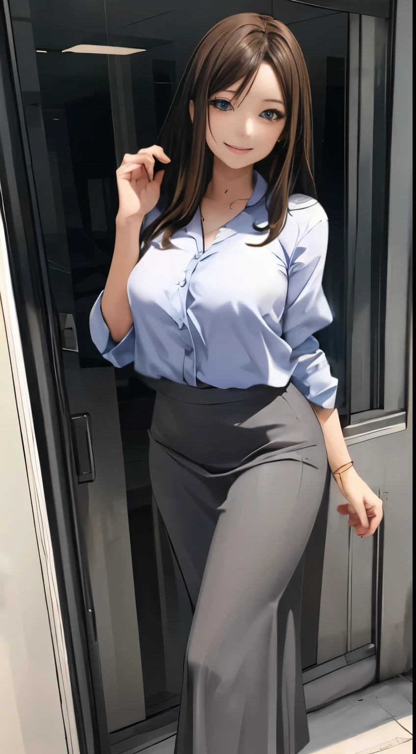 Anime style, Film Portrait Photography, 1woman, a smile, smile, Beautiful Women, full body, Straight hair, Brown hair, Semi-long hair, woman wearing a gray shirt, Woman in business suit, long skirt, business woman, (Natural skin texture Vibrant details, hyper realistic)