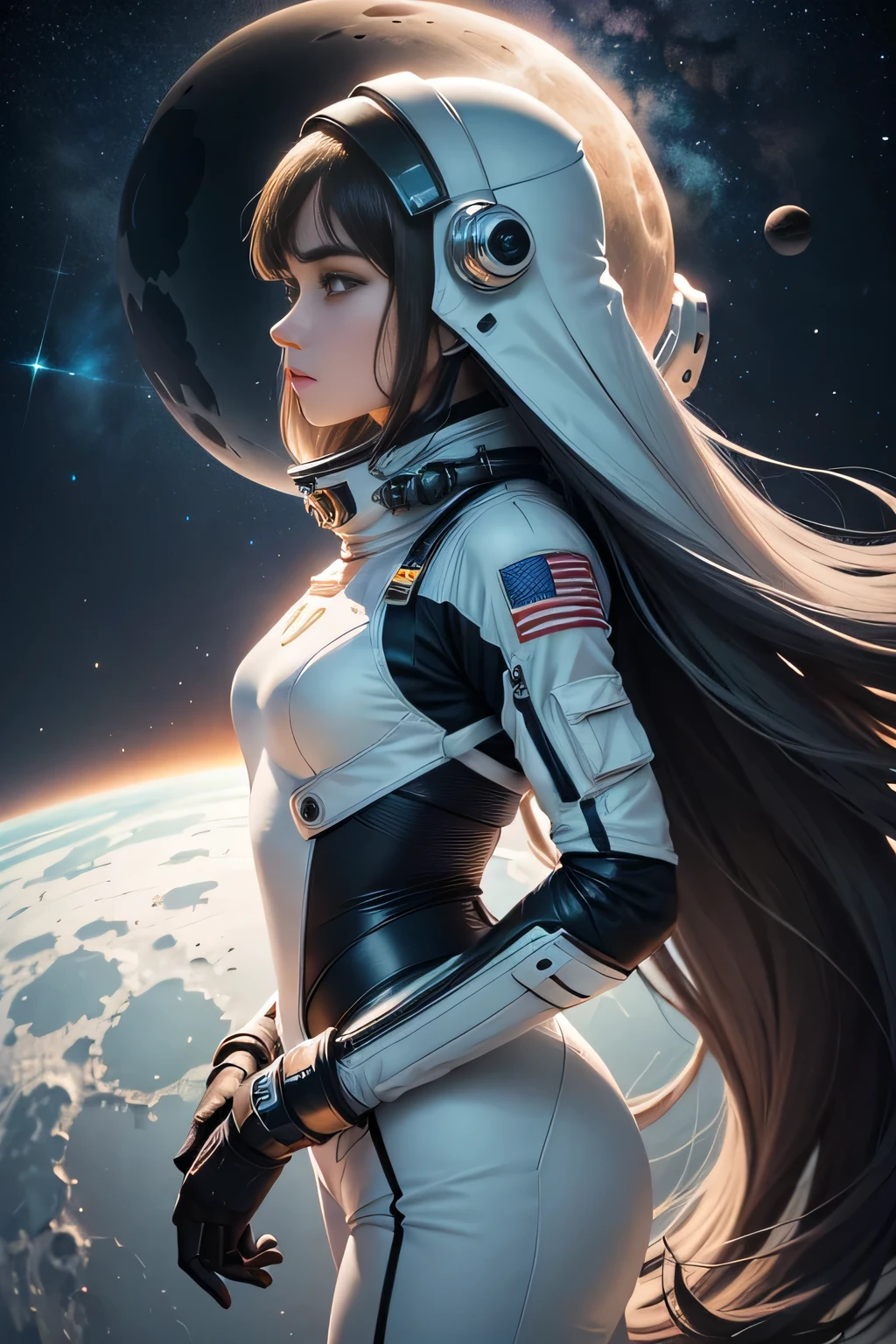 Human astronaut: A figure of a woman dressed in a sleek and stylish astronaut suit, complete with a helmet and oxygen tank. Her expression is determined and focused as she looks out into the vast expanse of space. Her long hair floats around her shoulders in zero gravity, catching the light of the distant stars. She stands confidently on the lunar surface, surrounded by the desolate landscape of the moon. With one hand, she points towards the heavens, symbolizing the endless possibilities and discoveries that await humanity in the cosmos.