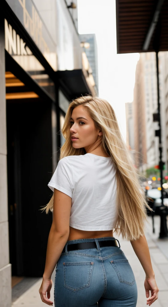 A 23 year old blonde woman, ((big breasts)), ((hyperrealism)) ,. Blonde hair with light brown roots. blonde hair, Hair with brown roots, extra long hair, very long hair, very long hair, very long hair, very long hair, very long hair, very long hair, beautiful, back view, take a photo, Photo taken, full body, in wearing a white t-shirt, and jeans with a stylish belt, showing her ass, first-rate ass, perfect ass, shows her ass, with her back to the camera showing her ass, with a low-cut top, photo at the street of new york, high quality, Nikon D850 film stock photograph Kodak Portra 400 camera f1.6 lens, full body, sexy body, sexy body.