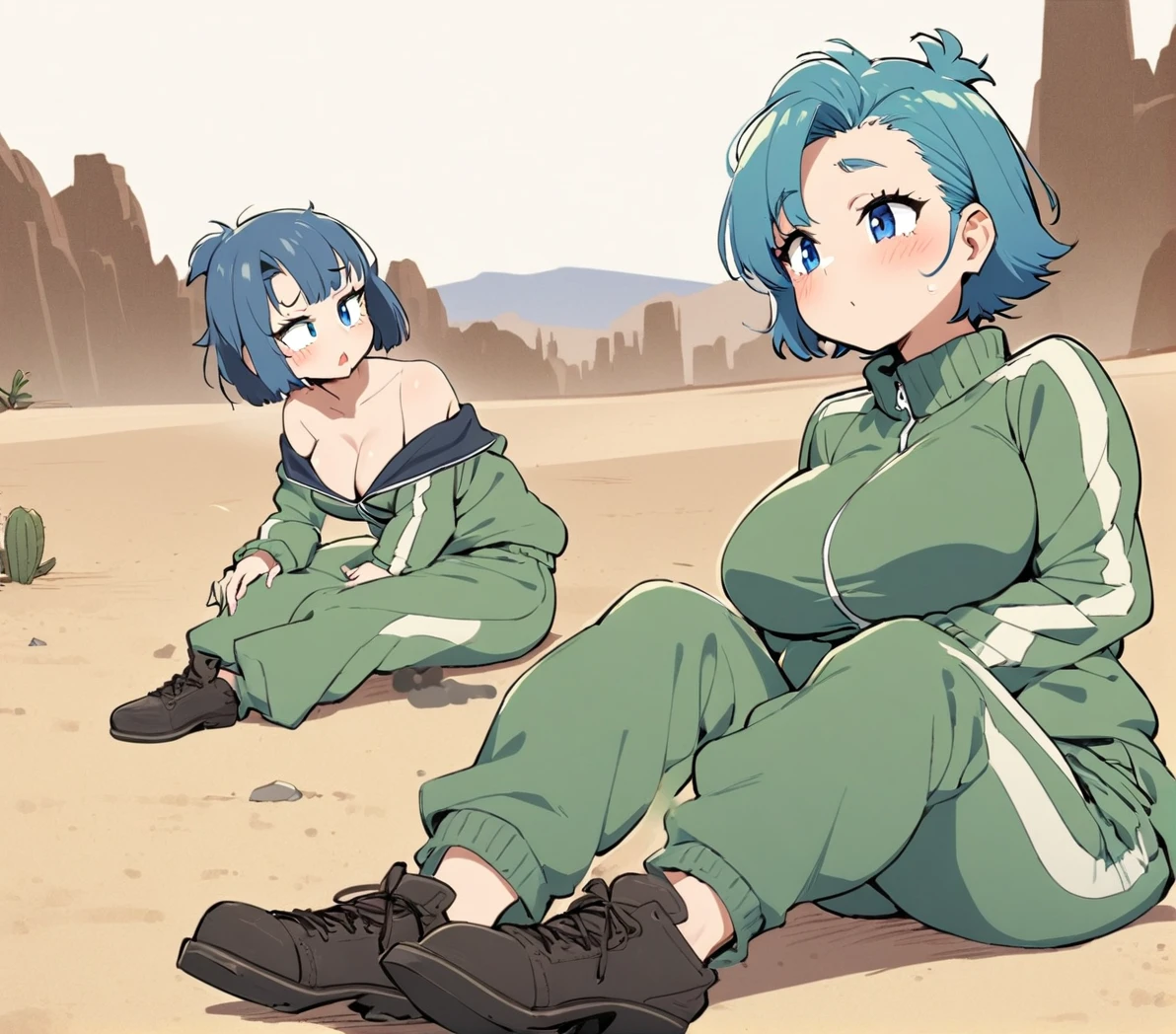 2girl, Short blue Shaggy Undercut Hair, Green Tracksuit, Desert, Lazy Eye, Big Large Breasts 