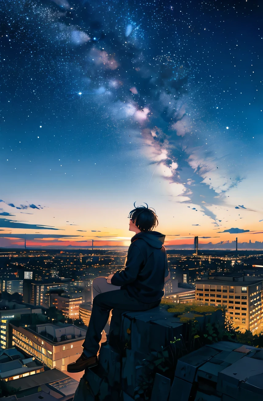 octans, sky, star (sky), scenery, starry sky, night, 1boy, night sky, solo, outdoors, building, cloud, milky way, sitting, tree, wolf hair, city, silhouette, cityscape