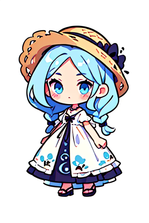 a wearing flowery dress, straw hat,hair with 2 braids, chibi,sticker, 2d cute, fantasy, dreamy, vector illustration, flat 2d, centered, by Tim Burton, professional, elegant, modern, minimalist, graphic, line art , vector graphics