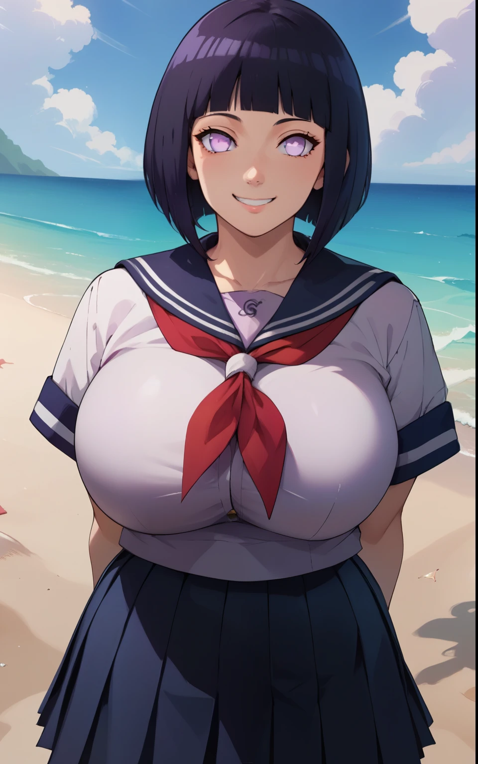 score_9, score_8_up, score_7_up, score_9,  BREAK  hinataSDXL, 1girl, solo, breasts, looking at viewer, smile, short hair, bangs, skirt, shirt, , purple eyes, white shirt, black hair, short sleeves, pleated skirt, serafuku, blunt bangs, sailor collar, huge breasts, neckerchief, ocean, beach, arms behind back, bob cut, red neckerchief, alternate breast size, bursting breasts, bra visible through clothes, hyuuga hinata