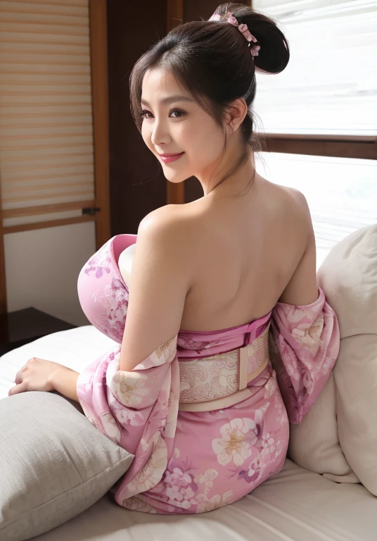 Beautiful sexy girl, (beautiful lady with very gigantic breast, medium ponytail hair, wear kimono supine pose show her sexy belly on luxury pillow) ,(detailed strapless wireless luxury pink bra), (detailed kimono),good looking, mature cubby face, (big breasts, big butts), picture taken from front, sweet smile