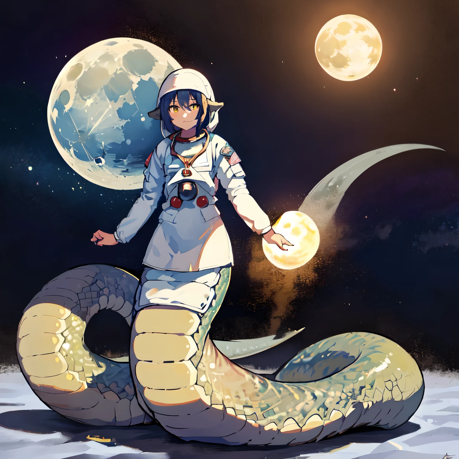 1girl, 8k, highres, best quality, masterpiece, wallpaper, full body, (((astronaut))), sunset, ((lamia)), ((space)), standing, ((moon)), scales, tail, standing, astronaut helmet, ((on the moon)), 