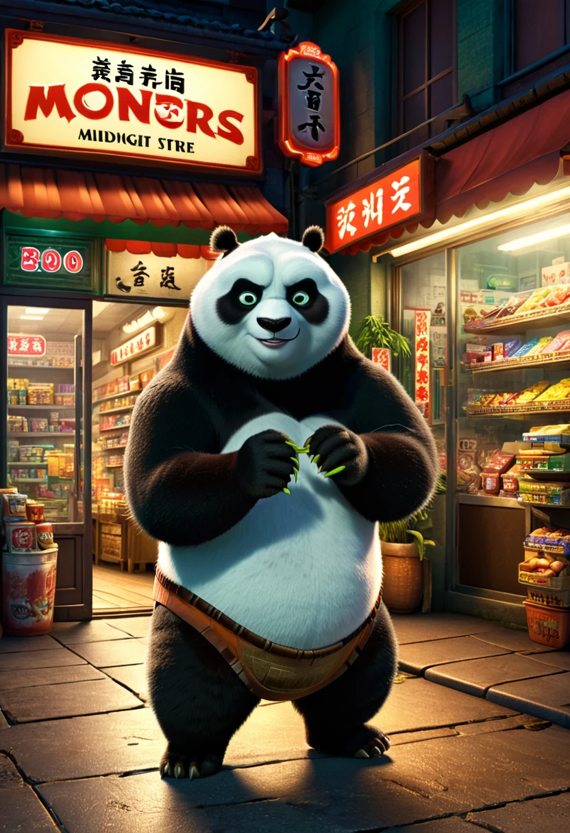 midnight convenience store, movie still, Kung Fu Panda, (masterpiece, best quality, Professional, perfect composition, very aesthetic, absurdres, ultra-detailed, intricate details:1.3)