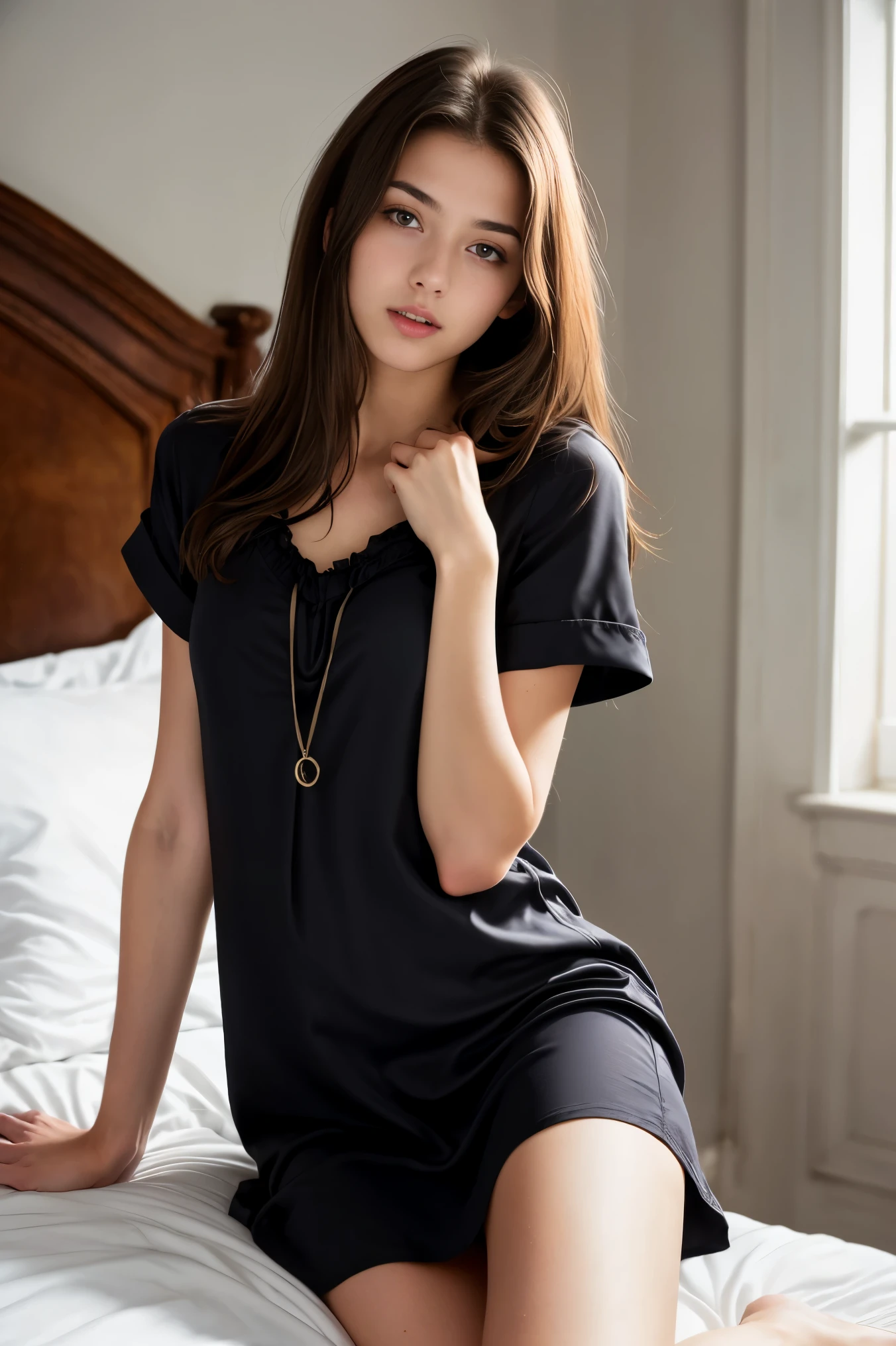 (bestquality,realistic:1.2),(brunette hair:1.1),(French:1.1),(sexy:1.1),(slim figure:1.1),(18 years old:1.1),(handcuffed:1.1),(black nightdress:1.1),(rolled-up sleeves:1.1),(hands up:1.1),(visible legs:1.1),(open mouth:1.1),illustration,bedroom,detailed eyes,detailed lips,high definition,professional lighting,vivid color