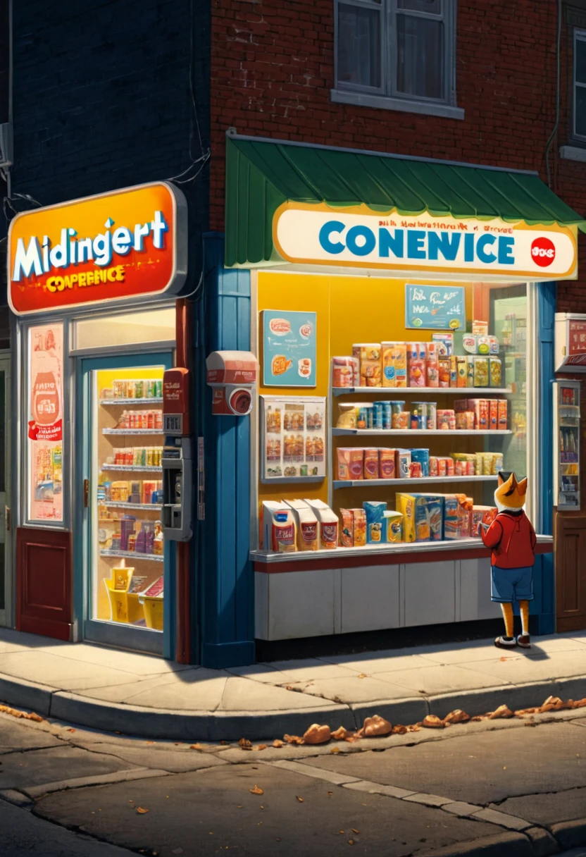 midnight convenience store, movie still, by Richard Scarry, (masterpiece, best quality, Professional, perfect composition, very aesthetic, absurdres, ultra-detailed, intricate details:1.3)