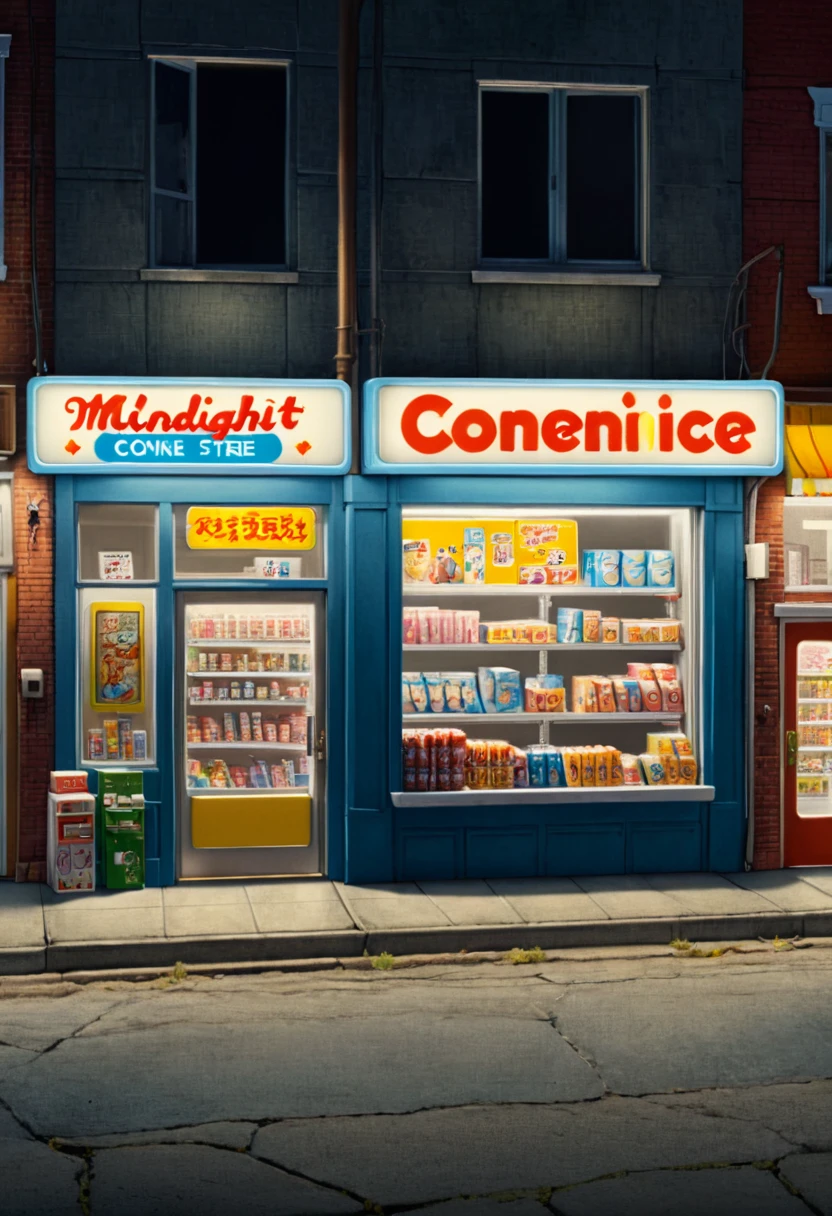 midnight convenience store, movie still, by Richard Scarry, (masterpiece, best quality, Professional, perfect composition, very aesthetic, absurdres, ultra-detailed, intricate details:1.3)