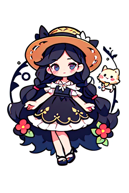 a wearing flowery dress, straw hat,black hair with 2 braids, chibi,sticker, 2d cute, fantasy, dreamy, vector illustration, flat 2d, centered, by Tim Burton, professional, elegant, modern, minimalist, graphic, art line, vector graphics