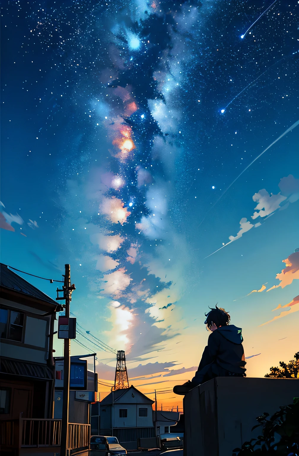 octans, sky, star (sky), scenery, starry sky, night, 1boy, night sky, solo, outdoors, building, cloud, milky way, sitting, tree, wolf hair, country town, silhouette, cityscape