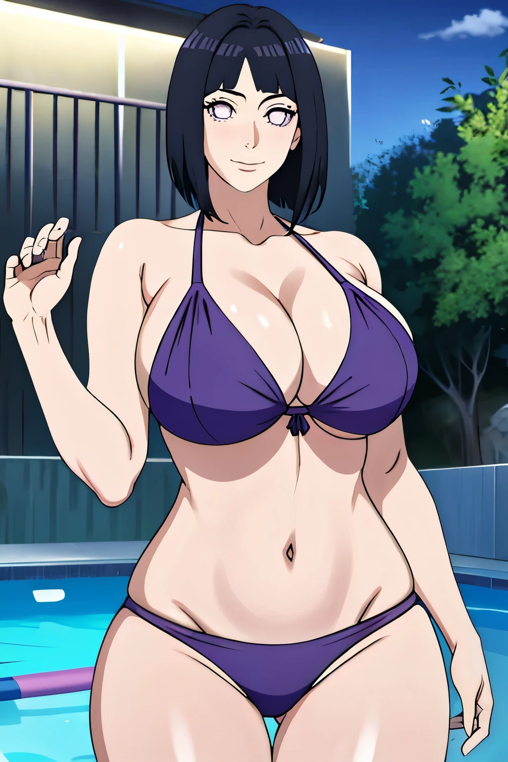 masterpiece, absurdres, hinata\(boruto\), 1girl, solo,mature female, tight bikini, perfect composition, detailed lips, gigantic breast, beautiful face, body propotion, short hair,  purple eyes,  soft gaze,  super realistic, detailed, photoshoot, realistic face and body,  (gigantic breasts: 1.1), curvy, cowboy shot, bare shoulders, seductive smile, inside, nightclub, cleavage, outdoor, pool