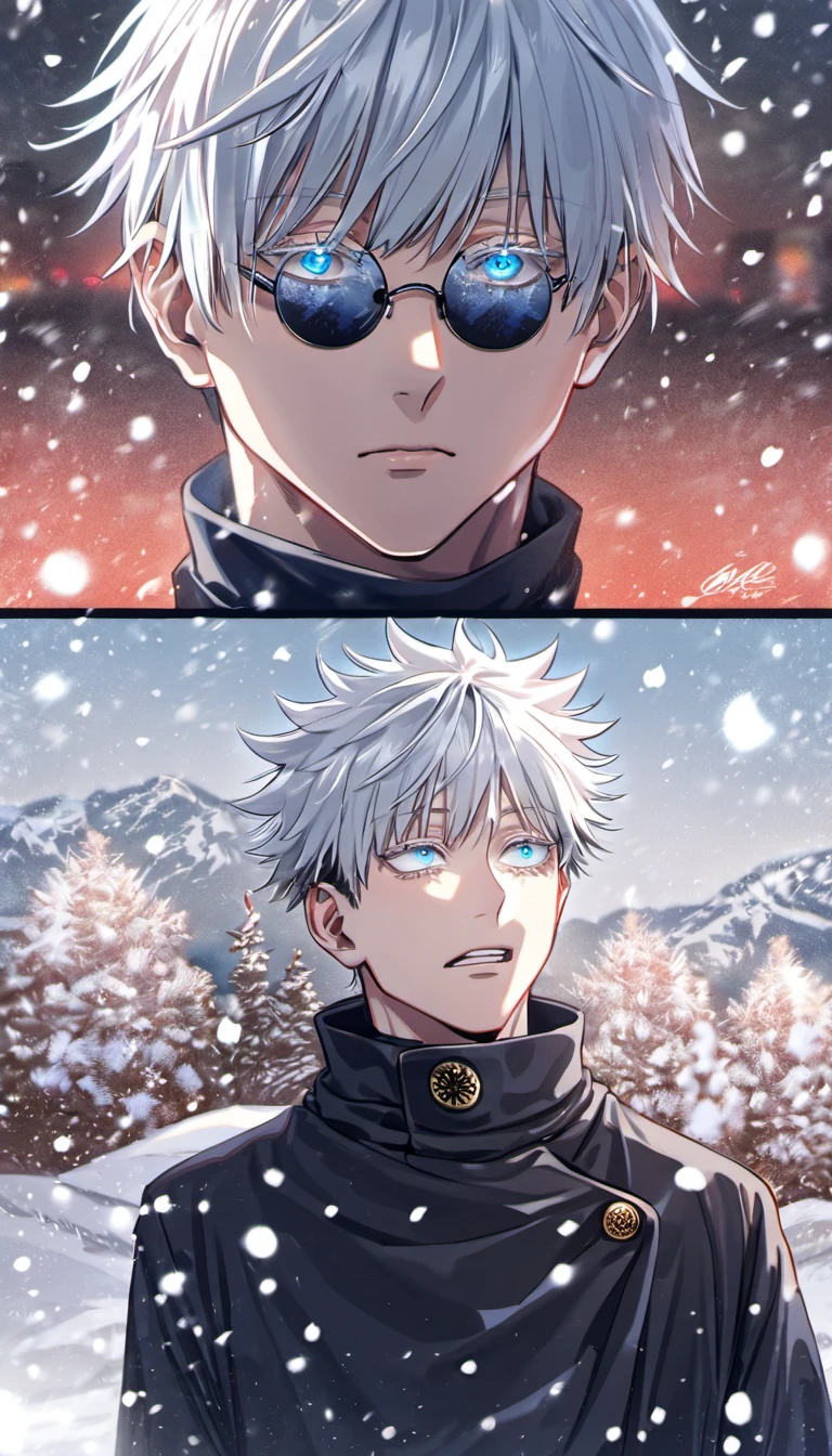 absurdres, highres, ultra detailed, HDR, master piece, best quality, Gojo Satoru, white hair with bangs, round black sunglasses, white eyelashes, expressive blue eyes, 1young man, handsome, Jujutsu Kaisen, snow, snowflakes, snowing
